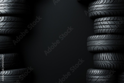 Stacked black tires on a dark background, ideal for automotive themes