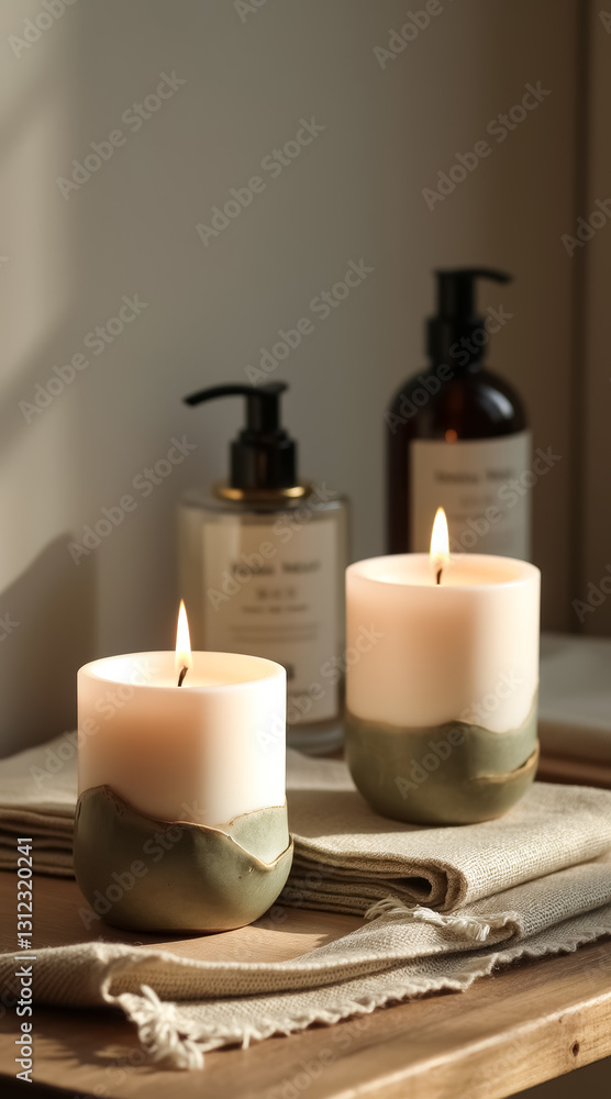 two sage green ceramic candle holders with lit candles creating a tranquil atmosphere two sage green ceramic candle holders with lit candles creating a tranquil atmosphere