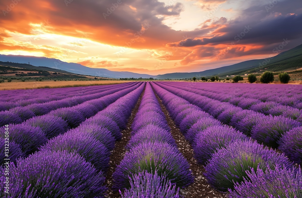 Stunning lavender fields stretching under a colorful sky during a beautiful sunset : Generative AI Stunning lavender fields stretching under a colorful sky during a beautiful sunset : Generative AI