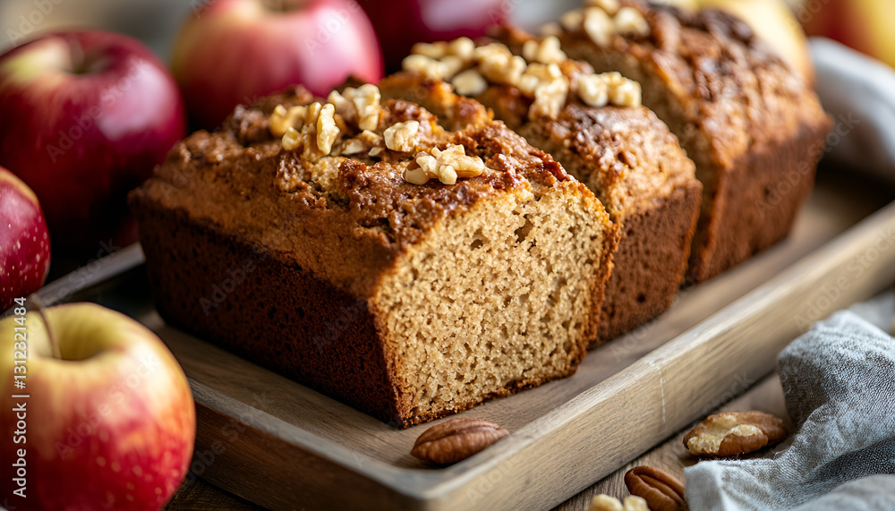 Peanut butter bread with apples on a wooden tray Peanut butter bread with apples on a wooden tray