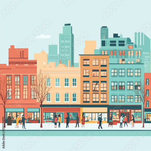 A flat 2D vector of a lively urban street with shops and people walking.