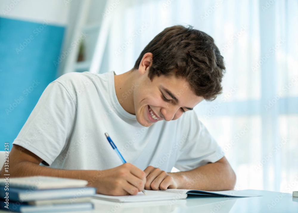 young man smiling while writing in notebook at desk, surrounded by books, in bright and modern study environment young man smiling while writing in notebook at desk, surrounded by books, in bright and modern study environment