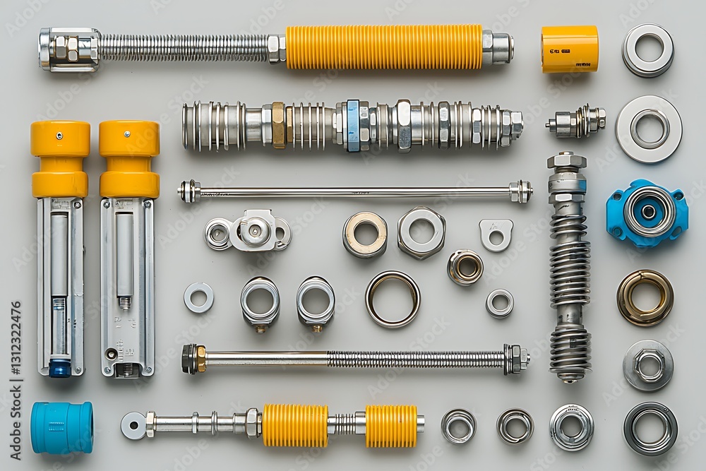 Precision Machine Parts Arranged on Gray Surface Precision Machine Parts Arranged on Gray Surface