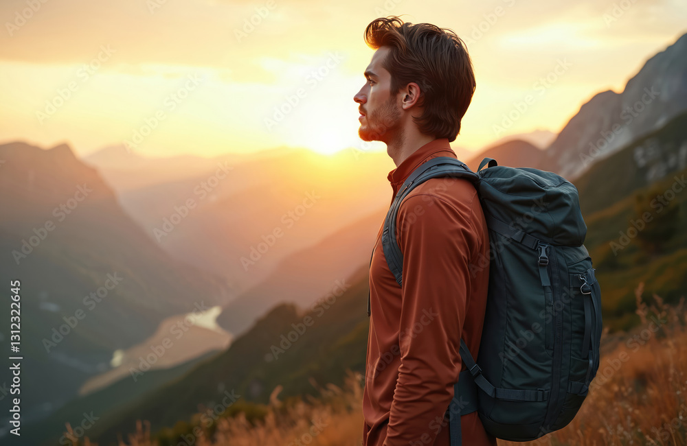 Handsome young man with backpack looks into mountain sunset. Male tourist hiker enjoys nature vacation. Guy wears casual clothes, hiking in hills with scenic background. Active lifestyle concept. Handsome young man with backpack looks into mountain sunset. Male tourist hiker enjoys nature vacation. Guy wears casual clothes, hiking in hills with scenic background. Active lifestyle concept.