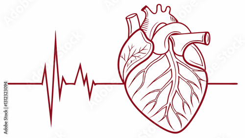 A clean and structured heart illustration, outlined in precise, thin lines, accompanied by a subtle ECG waveform. This design embodies modern cardiology, heart rate monitoring, and medical diagnostics