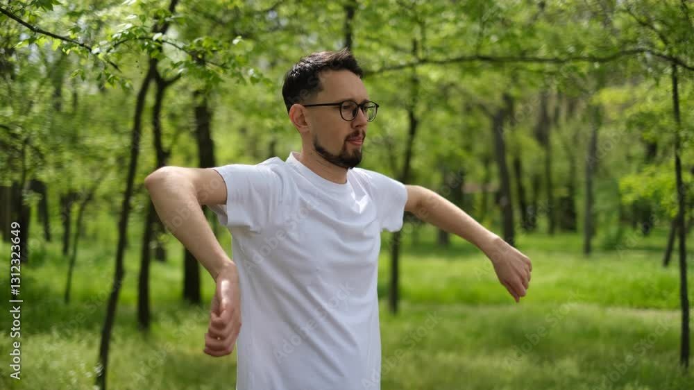 Young man doing outdoor exercises in the park to warm up his arms Young man doing outdoor exercises in the park to warm up his arms
