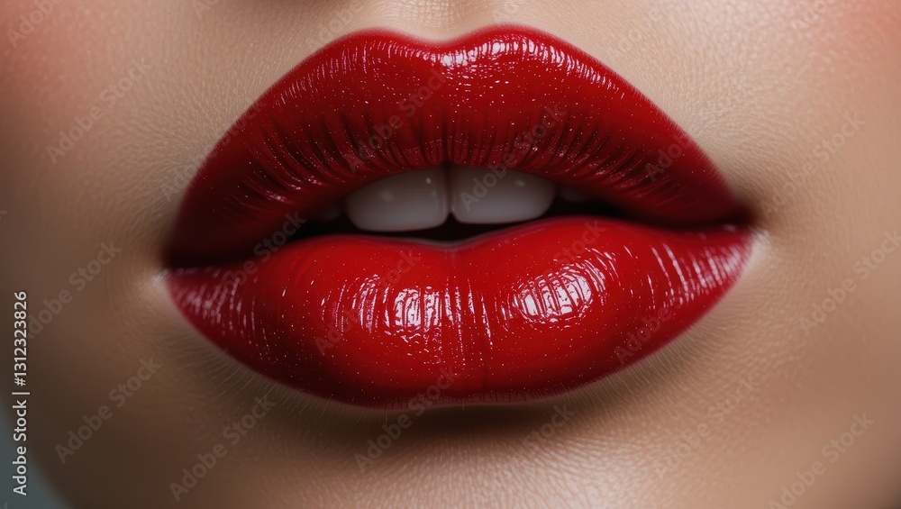 Close-Up of Glossy Red Lips with Sparkling Finish on Flawless Skin Close-Up of Glossy Red Lips with Sparkling Finish on Flawless Skin