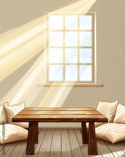 rustic dining area with wooden table and soft cushions, illuminated by sunlight streaming through window. , Hygge lifestyle