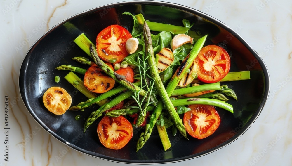 Top view of warm salad with grilled vegetables and fresh greens on black plate Top view of warm salad with grilled vegetables and fresh greens on black plate