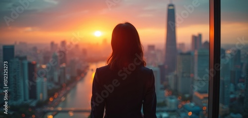 Successful rich eastern businesswoman stands in modern city looking, dreaming future business success, thinking new goals. Back view executive in suit near skyscraper window. Financial vision,