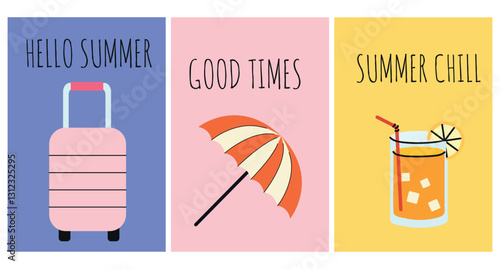 Hello Summer greeting card set in hand drawn style. Cute doodle poster with a beach umbrella, a suitcase and a cocktail. Welcome summer invitation card in flat style.
