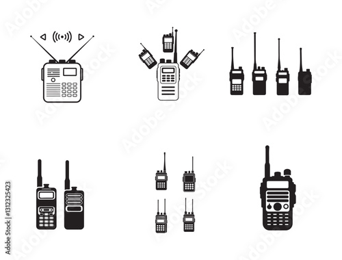 Vintage radio communication devices, walkie-talkies, black and white illustration