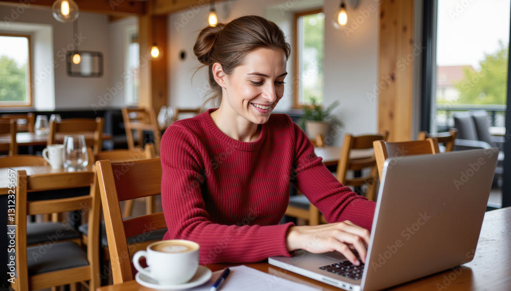 Smiling woman using laptop in cozy cafe setting for remote work or study Smiling woman using laptop in cozy cafe setting for remote work or study