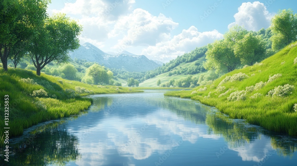 A serene landscape depicts a river flowing between green hills A serene landscape depicts a river flowing between green hills