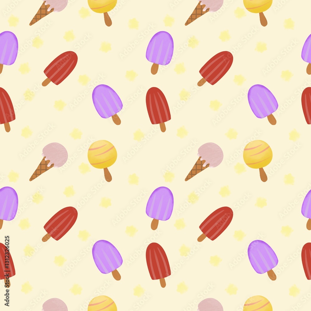 Ice cream set seamless pattern on background.