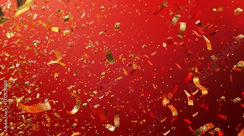 Illustrate a vibrant red scene with floating golden confetti in different forms