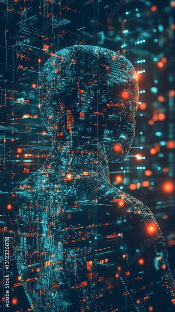 Fototapeta premium Futuristic Digital Human Silhouette with Glowing Data Elements