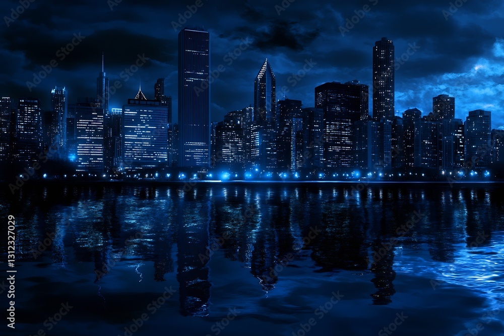 Obraz premium Stunning Night View of Urban Skyline Reflected on Water Under a Dark Cloudy Sky : Generative AI