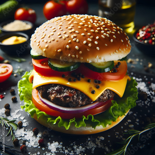 Burger with beef, cheese, vegetables on black plate. Dark Background. 