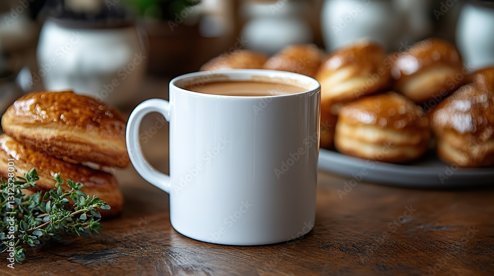 a white coffee mug with a slight curve surrounded by freshly baked pastries on a cafe table a white coffee mug with a slight curve surrounded by freshly baked pastries on a cafe table