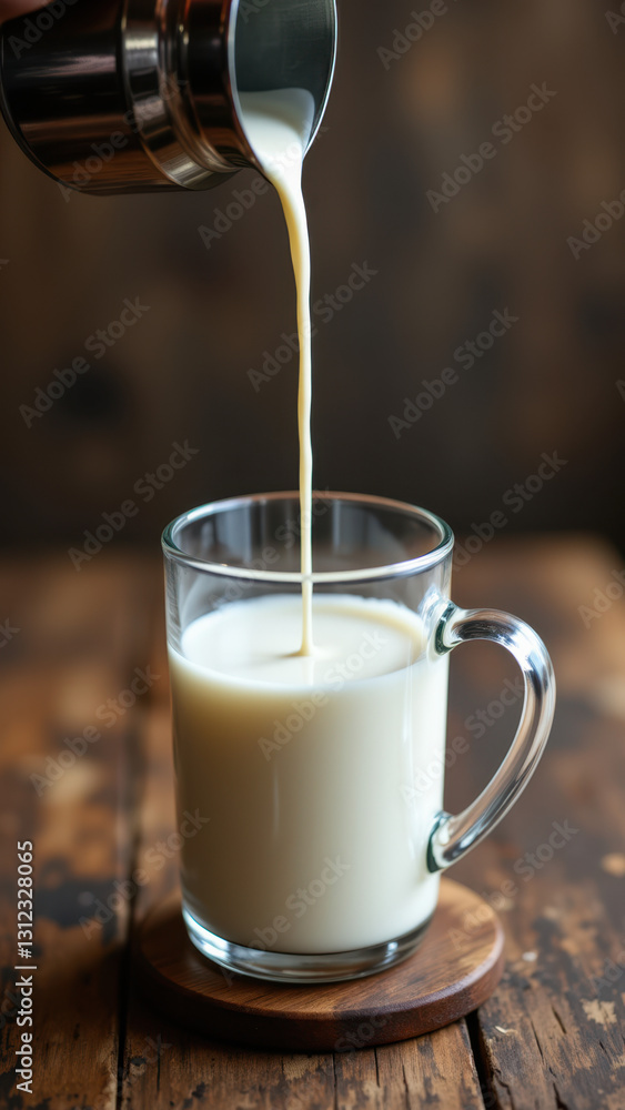 Close-up shot of pouring milk into a mug. Close-up shot of pouring milk into a mug.