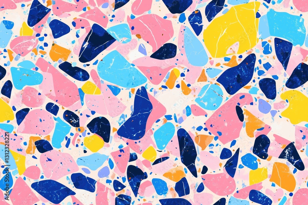 Seamless terrazzo marble vibrant abstract pattern featuring colorful shapes in pink, blue, yellow, and navy. The design showcases a playful mix of organic forms and textures, creating a lively. Seamless terrazzo marble vibrant abstract pattern featuring colorful shapes in pink, blue, yellow, and navy. The design showcases a playful mix of organic forms and textures, creating a lively.