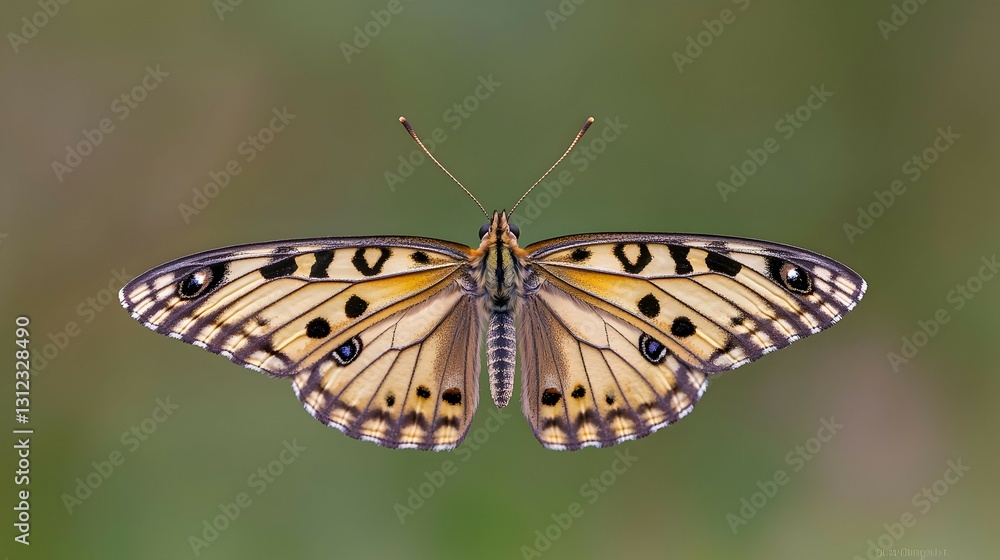 Fototapeta premium Detailed Closeup of a Brown and Orange Butterfly with Black Spots on Green Background