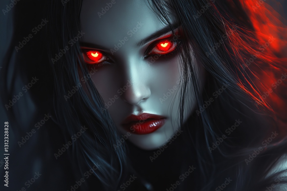 Fototapeta premium Enigmatic Woman with Striking Red Eyes and Dark Hair in Mystical Setting