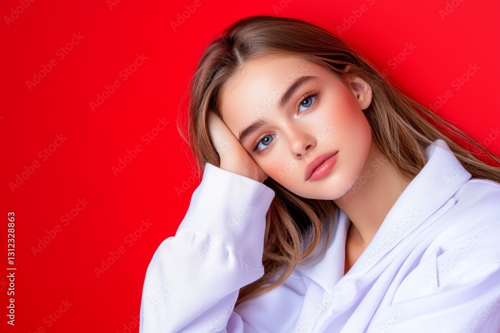 A young woman with long hair poses against a vibrant red background A young woman with long hair poses against a vibrant red background