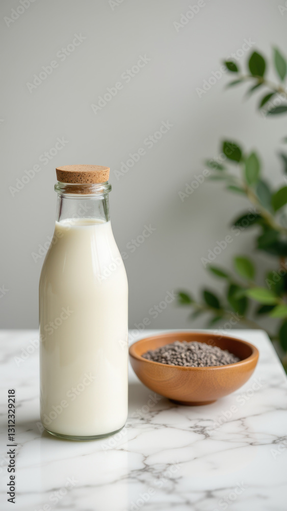 A glass bottle filled with milk on a marble countertop with various grains. A glass bottle filled with milk on a marble countertop with various grains.
