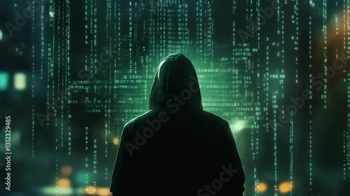 A hooded individual interacts with a GUI interface to steal data, set against a green Matrix-style background, evoking a sense of hacking, cybercrime, and digital espionage in a futuristic, high-tech 