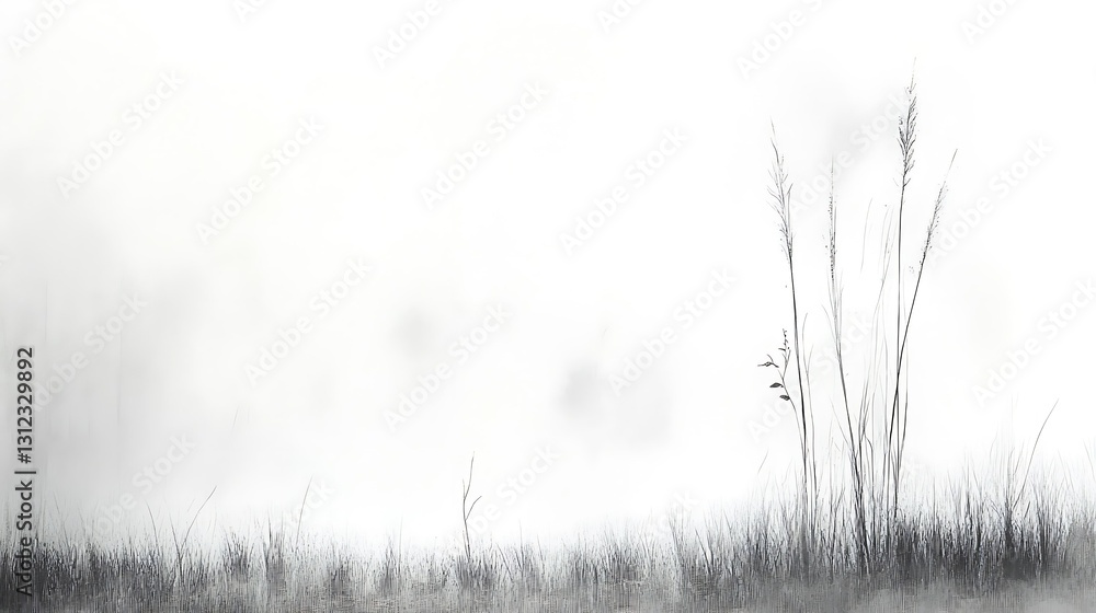 Obraz premium Minimalist grayscale illustration of tall grass and reeds in a misty landscape