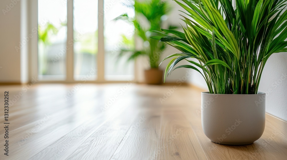 An inviting indoor area showcases vibrant green plants in stylish pots, enhancing the minimalist design. Sunlight streams through large windows, illuminating the wooden floors An inviting indoor area showcases vibrant green plants in stylish pots, enhancing the minimalist design. Sunlight streams through large windows, illuminating the wooden floors