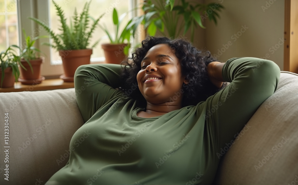 Fototapeta premium chubby african-american woman in green long-sleeved top toprelaxing on a couch
