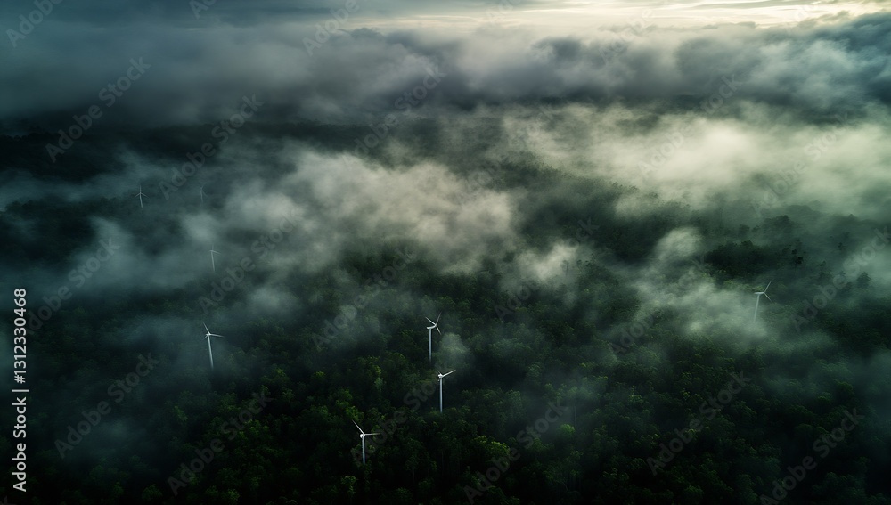 Aerial View of Lush Forest Shrouded in Mist with Wind Turbines Peeking Through : Generative AI Aerial View of Lush Forest Shrouded in Mist with Wind Turbines Peeking Through : Generative AI