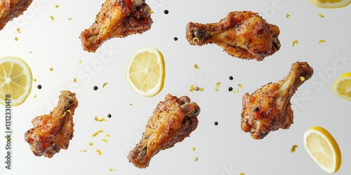 Tangy lemon pepper fried chicken wings floating on a clean white background