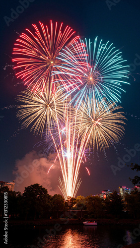 A Stunning Display of Colorful Fireworks Bursting in the Night Sky, Perfect for Celebrations and Promotional Materials