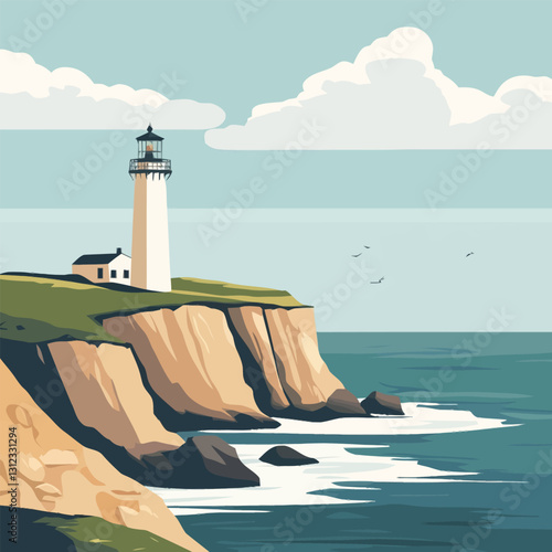  A flat 2D vector of a lighthouse standing tall on a coastal cliff.