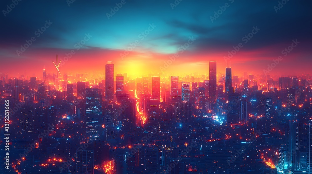 custom made wallpaper toronto digitalVibrant cityscape at sunset with dramatic sky.