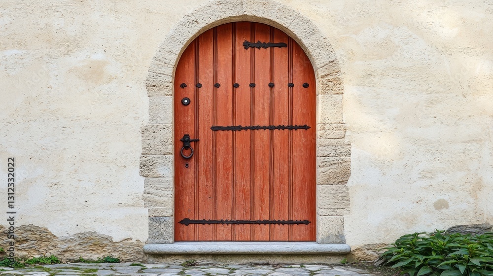 Fototapeta premium Rustic arched door on weathered stone wall, courtyard setting
