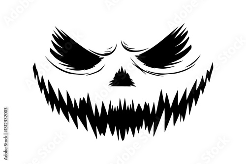 Scary Halloween face with sharp teeth and eyes, graphic style, white background, concept of horror