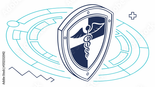 A high-tech medical shield symbol composed of layered digital holographic textures and subtle glowing blue edges, representing health protection, advanced diagnostics, and medical cybersecurity