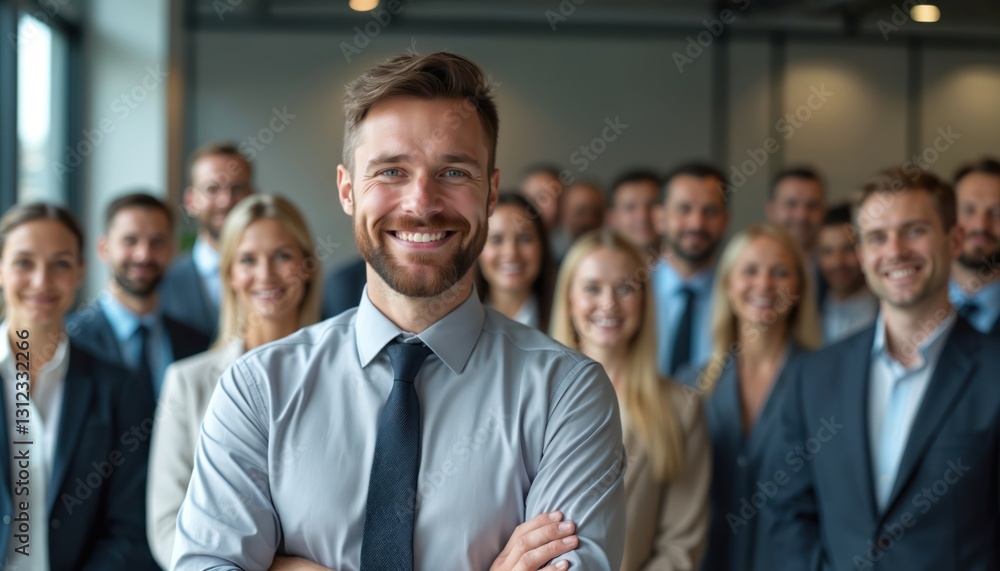 Group of smiling business people with leader in foreground. Team of diverse corporate employees stands in office. Successful confident partners look at camera. Business meeting, collaboration, Group of smiling business people with leader in foreground. Team of diverse corporate employees stands in office. Successful confident partners look at camera. Business meeting, collaboration,