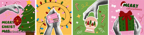 Christmas cards set in collage pop art and retro style. Festive New Year greeting postcards with halftone hands and decorations, fir tree, ornaments, gifts, winter holiday design. Vector illustrations