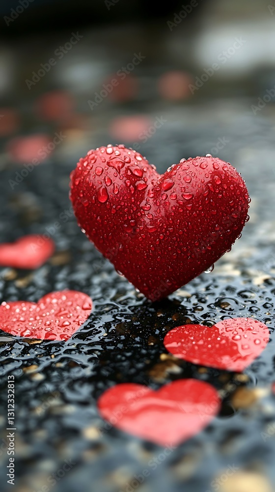 Fototapeta premium Rainy Day Red Heart, Wet Surface
