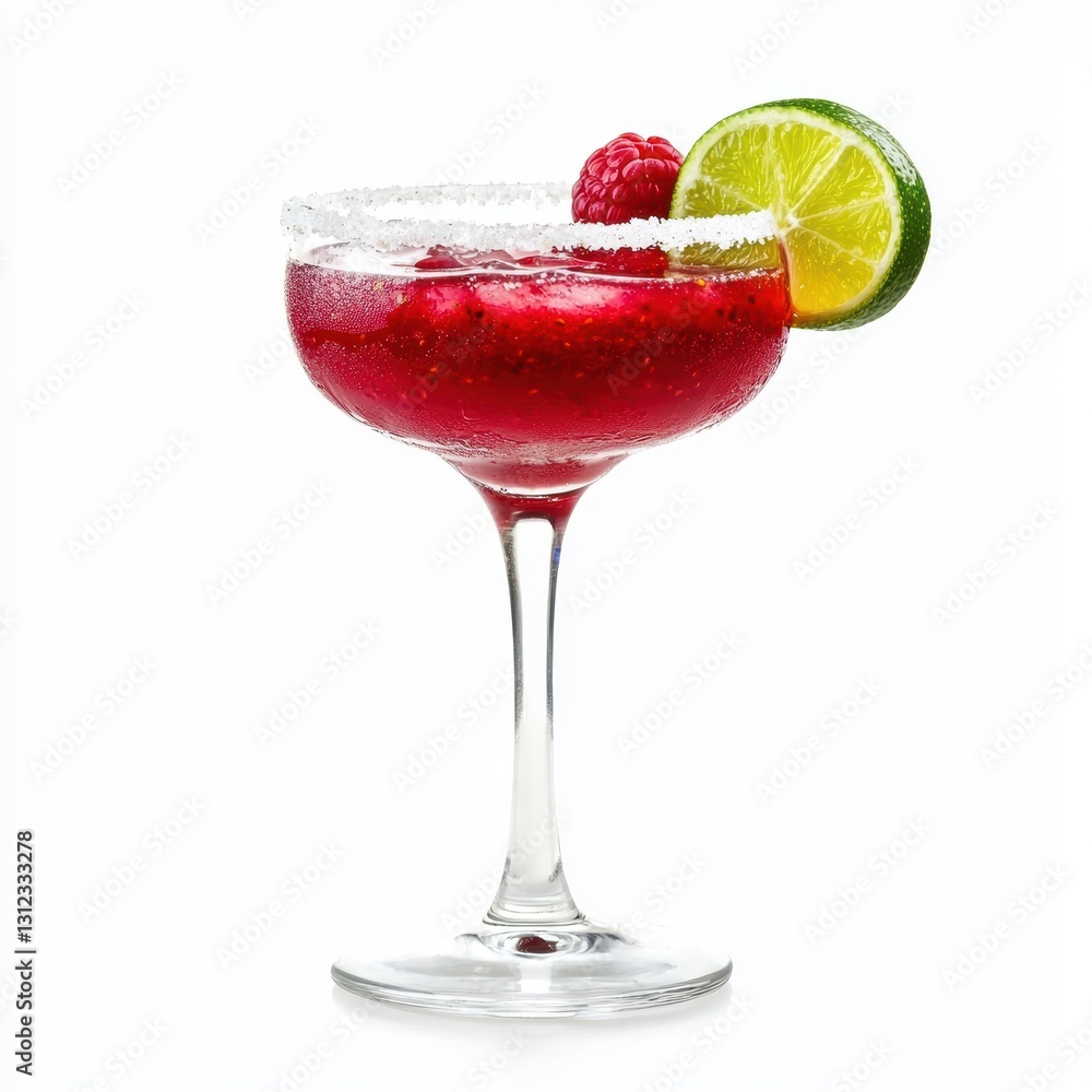Vibrant raspberry and lime margarita with a sugared rim isolated on white background Vibrant raspberry and lime margarita with a sugared rim isolated on white background