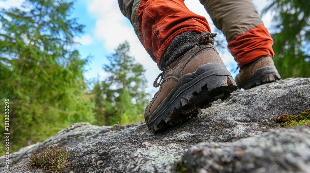 Outdoor adventurer scaling rocky terrain, carefully placing his hands and feet. Outdoor adventurer scaling rocky terrain, carefully placing his hands and feet.