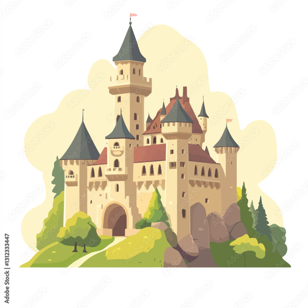 A flat 2D vector of a historic European castle with medieval architecture. A flat 2D vector of a historic European castle with medieval architecture.