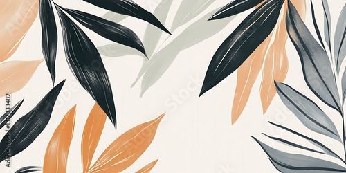 Abstract illustration featuring stylized leaves in muted orange, gray, and black hues against a creamy white backdrop