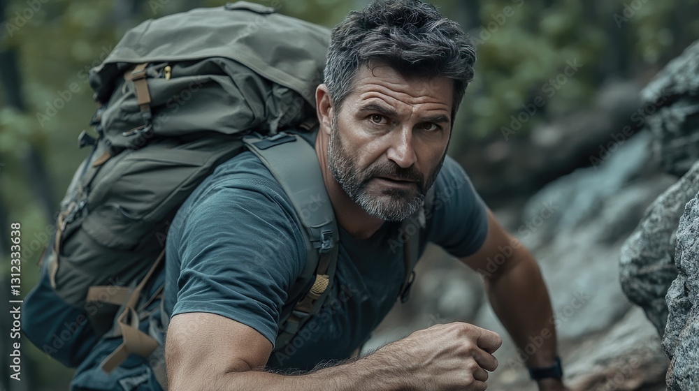 Obraz premium Rugged man with a full backpack scaling rocks, his focus sharp and intense.